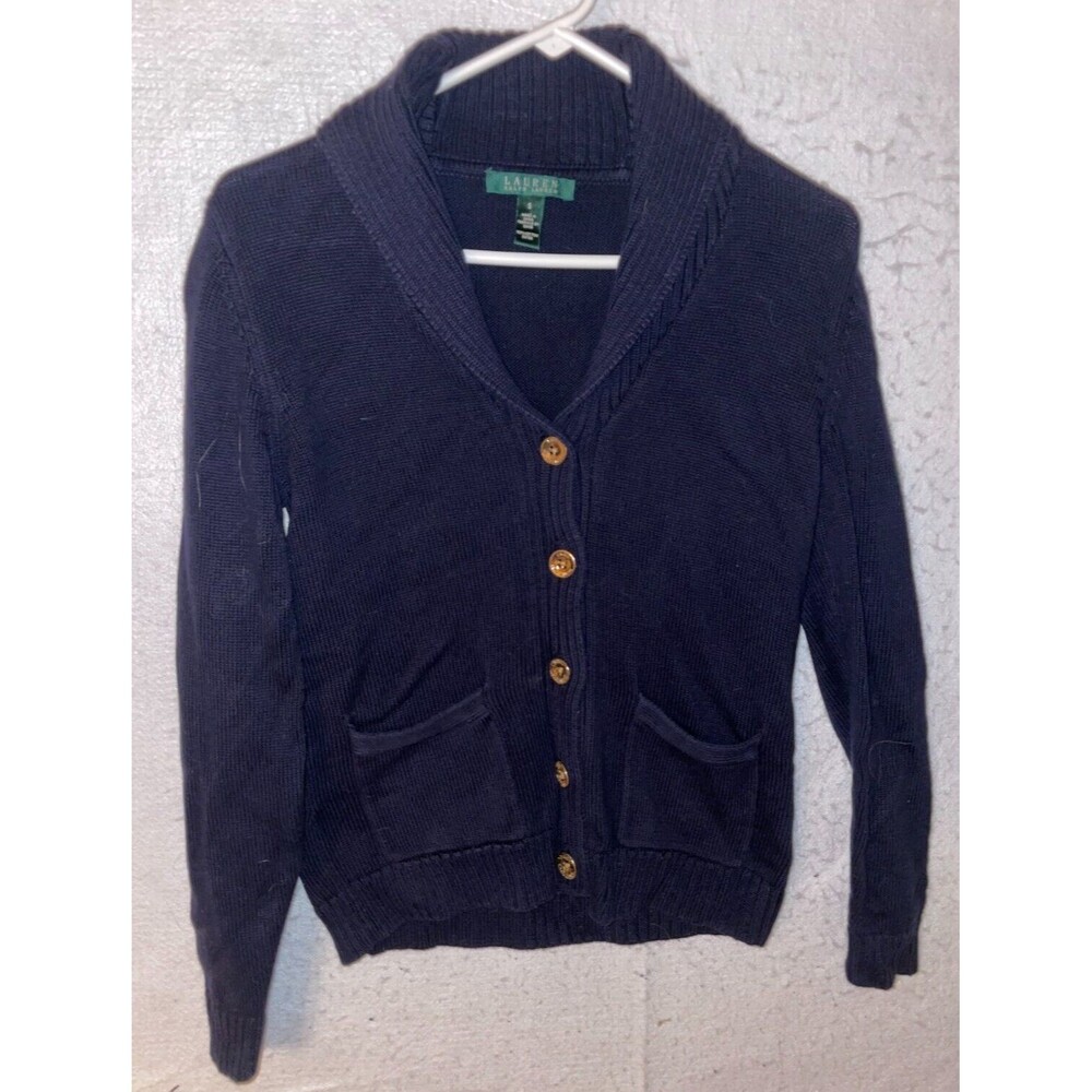 RALPH LAUREN WOMEN'S S NAVY CARDIGAN SWEATER POCKETS GOLD BUTTONS Knit Cotton